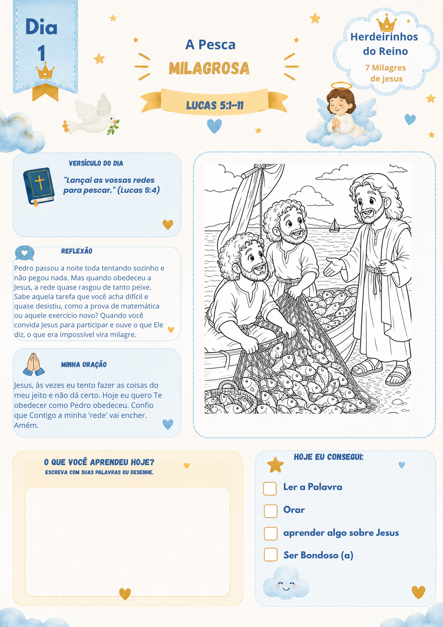 Página do Devocional 7 Milagres de Jesus com versículo, reflexão, oração e ilustração para colorir